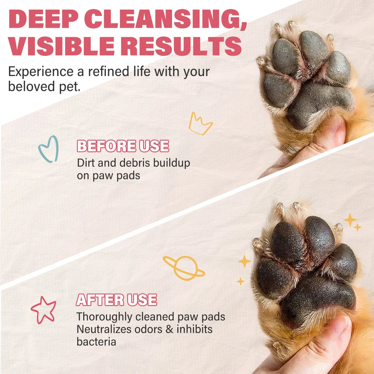 A hand holds a cat's paw, showing the difference between dirty and thoroughly cleaned paw pads.