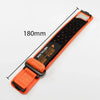 Orange breathable nylon sport band for a watch, shown flat with a measurement line.
