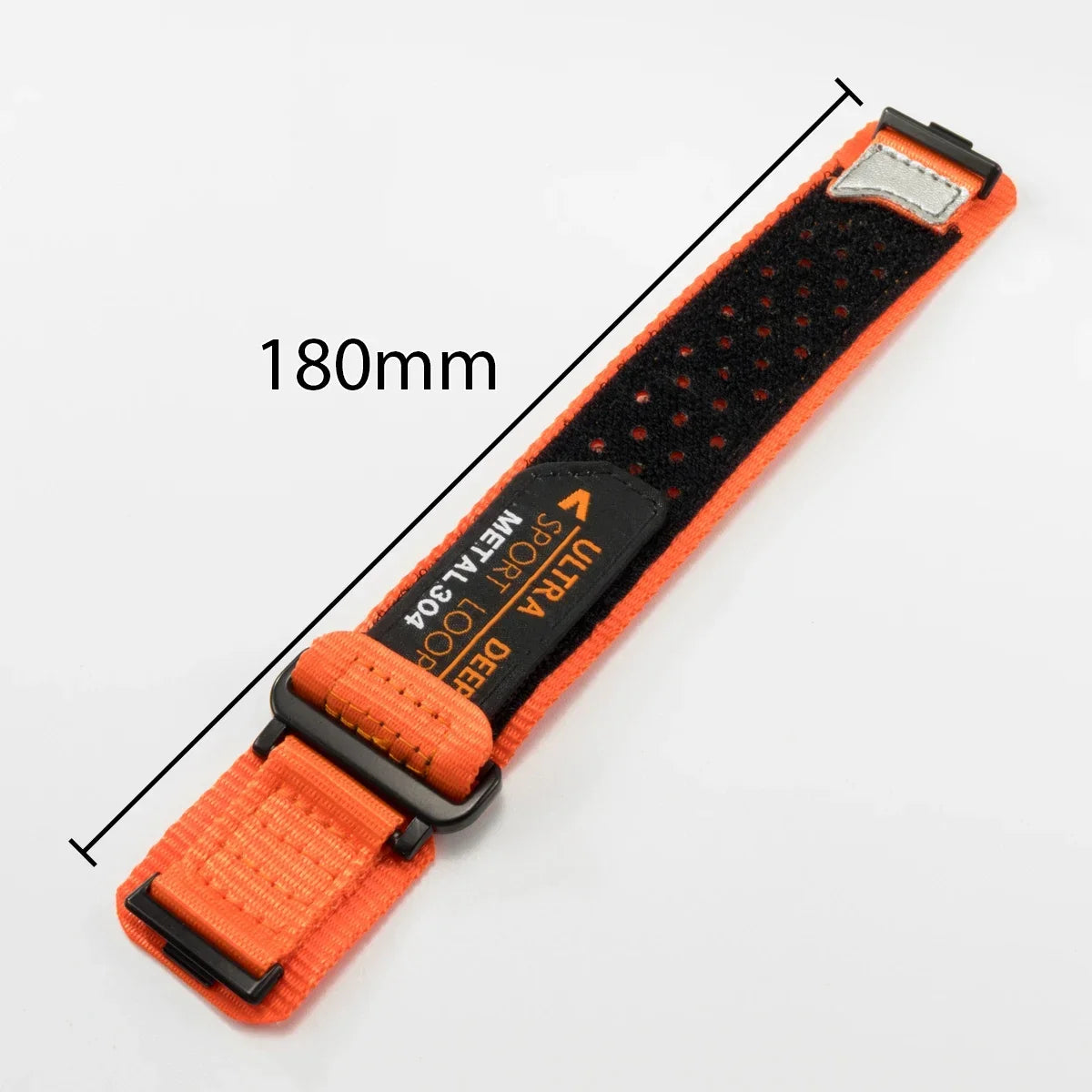 Orange breathable nylon sport band for a watch, shown flat with a measurement line.