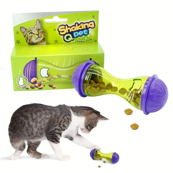 A purple and lime green interactive pet feeder ball toy for cats is shown next to a cat.