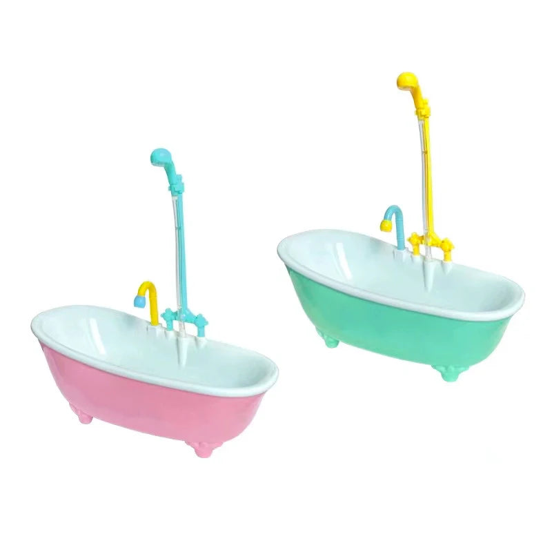 Rosa automatische Vogelbad-Dusche mit gelbem Kunststoffschlauch und hellgrüner Schale