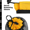 Yellow mesh storage bag with a black drawstring closure.