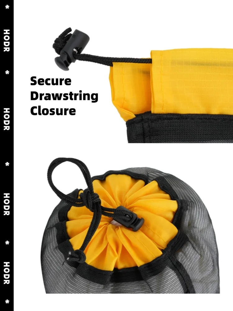 Yellow mesh storage bag with a black drawstring closure.