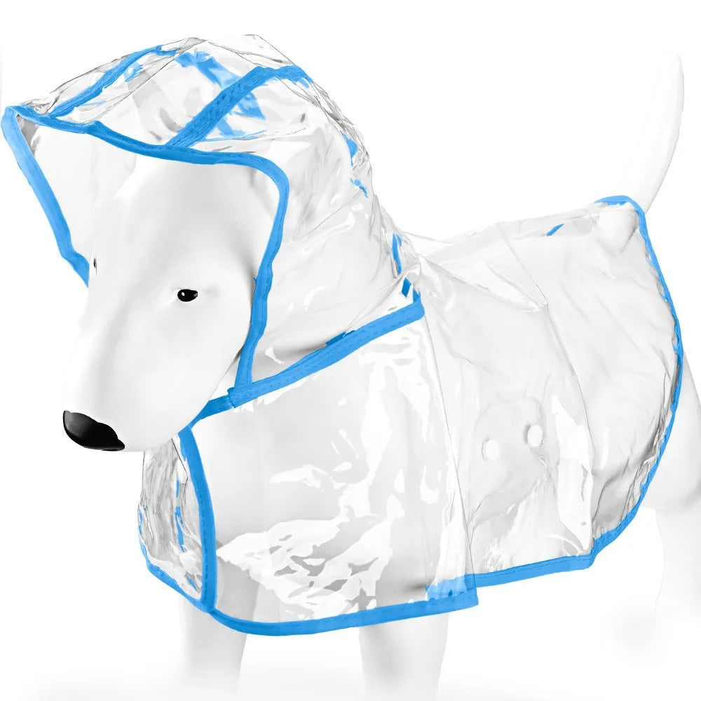 Un imperméable blanc pour animaux de compagnie (chiens et chats) avec des bordures bleues, vue de profil.