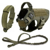 A heavy duty tactical dog harness with a padded vest and molle pouch system shown in olive green.