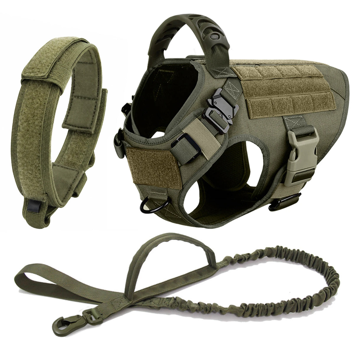A heavy duty tactical dog harness with a padded vest and molle pouch system shown in olive green.