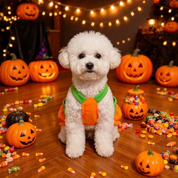 A fluffy white dog wearing an orange pumpkin costume sitting on a wooden floor surrounded by small carved pumpkins.