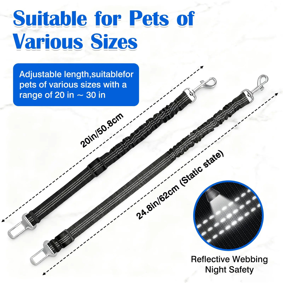 Adjustable dog car safety belt with reflective webbing and shock-absorbing bungee for pets of various sizes