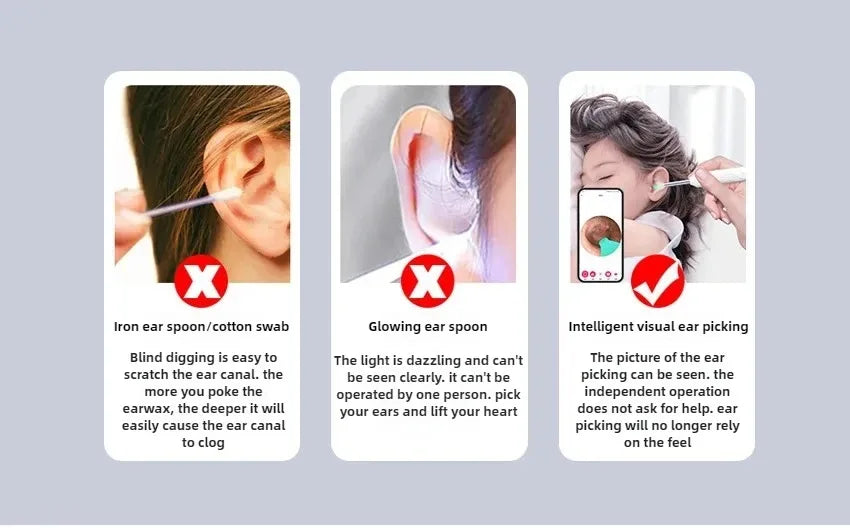 Drei Panels zeigen, wie man ein intelligentes optisches Ohrpickwerkzeug zum Reinigen des Ohrs benutzt.