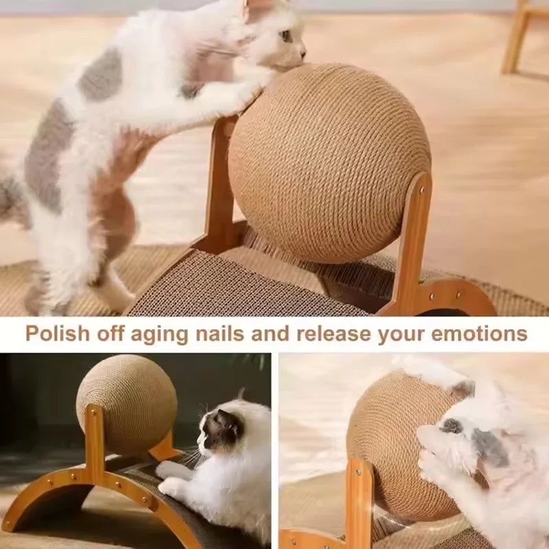 A cat is interacting with a Ferris Wheel Cat Scratcher featuring a rotating sisal ball for scratching and emotional release.