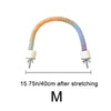A curved, colorful bird rope perch stand made of braided material.