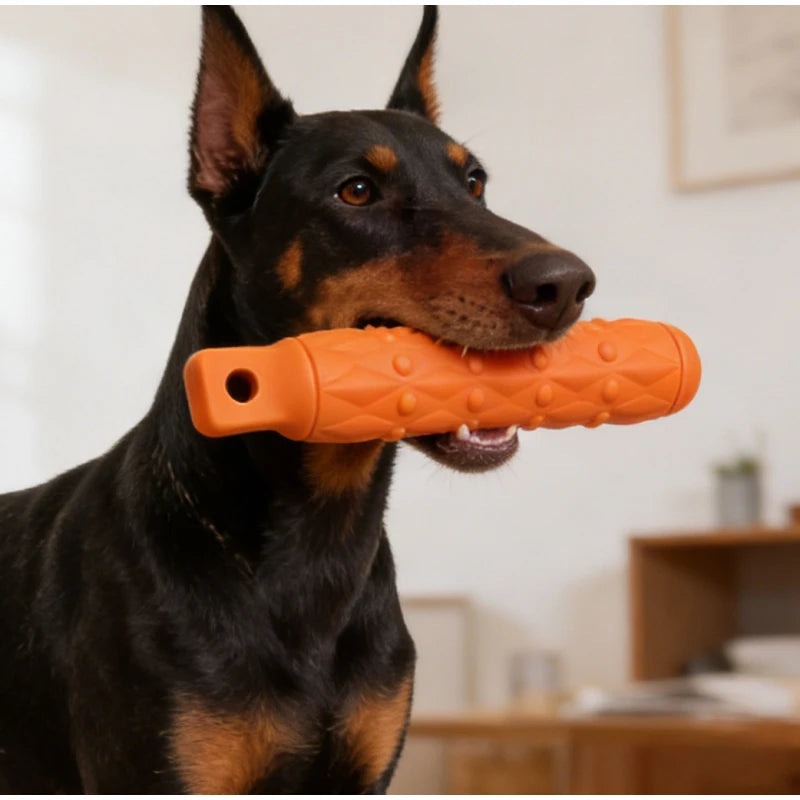 A black dog holds an orange durable EVA chew toy in its mouth.