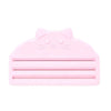A pink reusable cat food pouch scraper shaped like a cat's head.