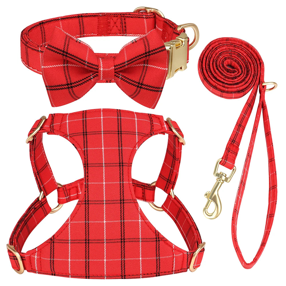 Red plaid dog collar harness and leash set with a bowtie