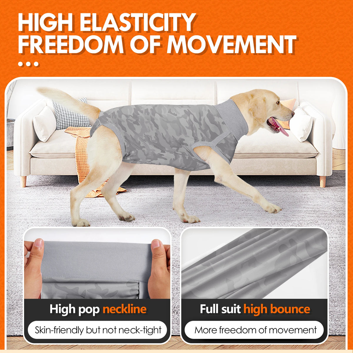 A golden dog wearing a gray elastic freedom of movement suit for surgery recovery.