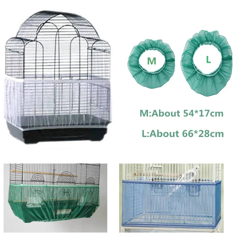 Green and silver nylon mesh bird cage skirt with M and L sized openings for seed catching