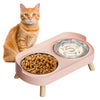 An orange tabby cat sits next to a pink elevated bowl set containing dry food and water.