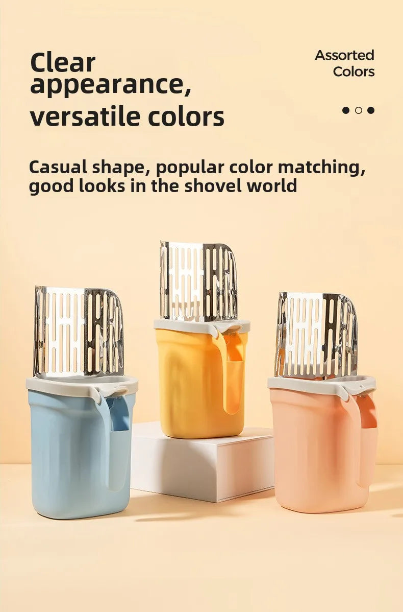 Three stainless steel cat litter shovels in assorted colors, including blue, yellow, and pink.