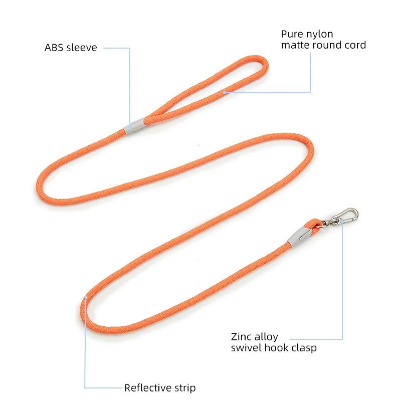 Orange nylon dog leash with ABS sleeve and zinc alloy swivel hook clasp and reflective strip