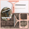 A silicone double-sided pet hair remover tool is shown with various attachments and a comparison of hair before and after use