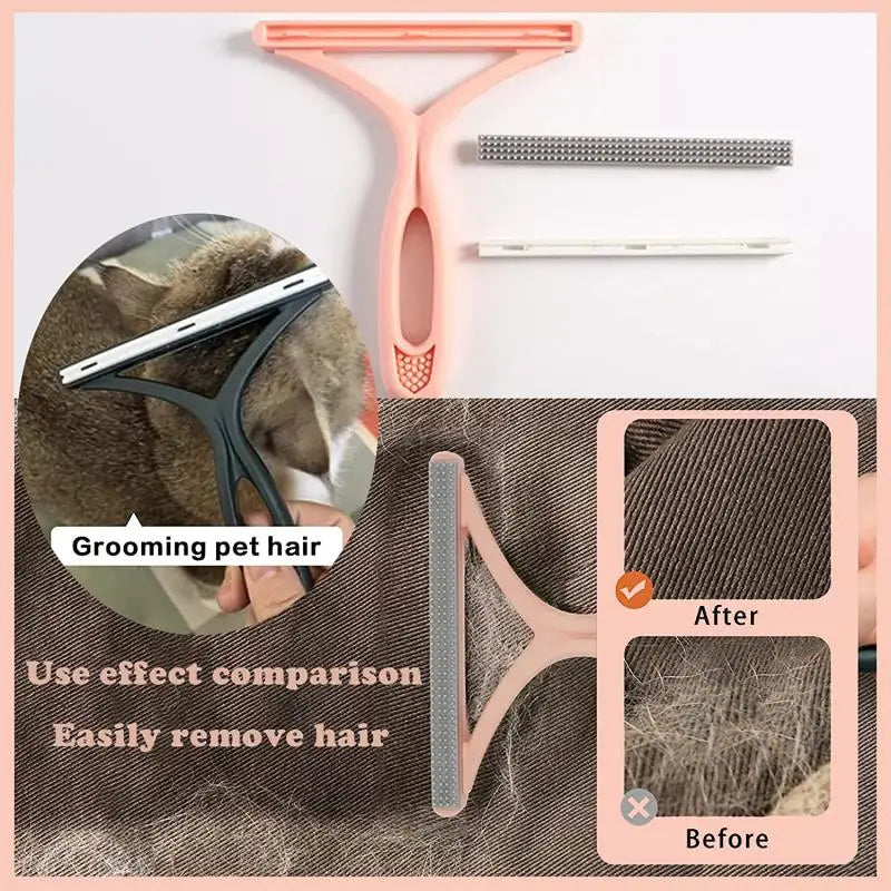 A silicone double-sided pet hair remover tool is shown with various attachments and a comparison of hair before and after use