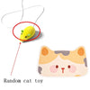 A yellow cat toy is shown hanging from a thin string, with a cutout of a cat face below.