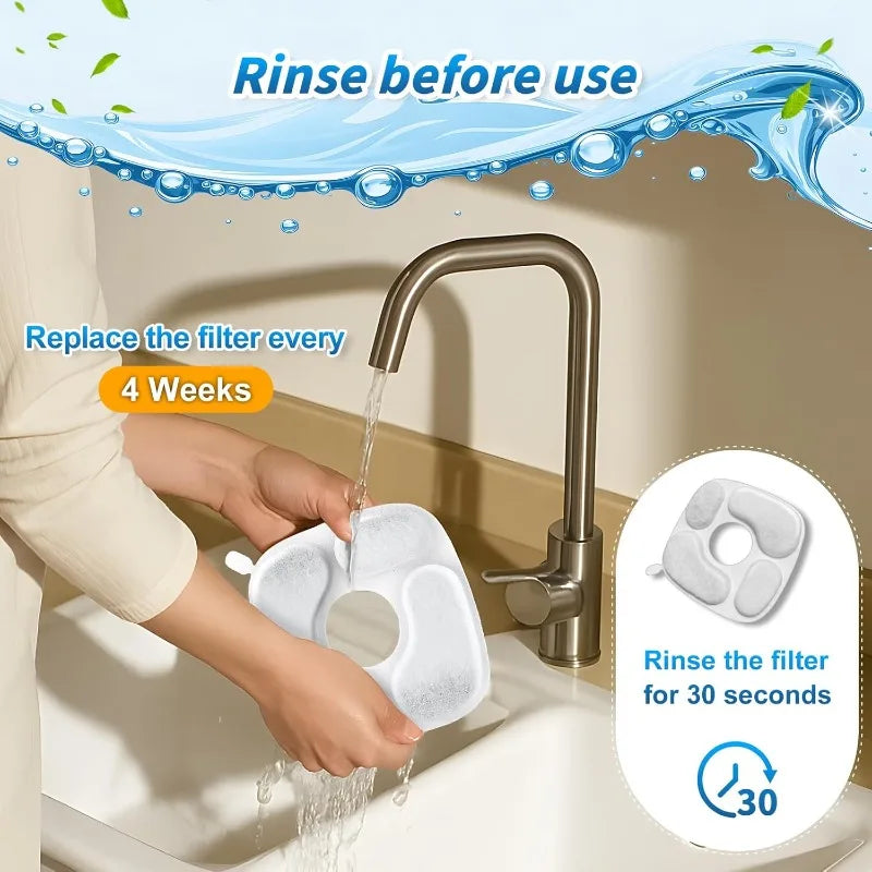 Hands are rinsing a white sponge filter under a faucet for cleaning before use.
