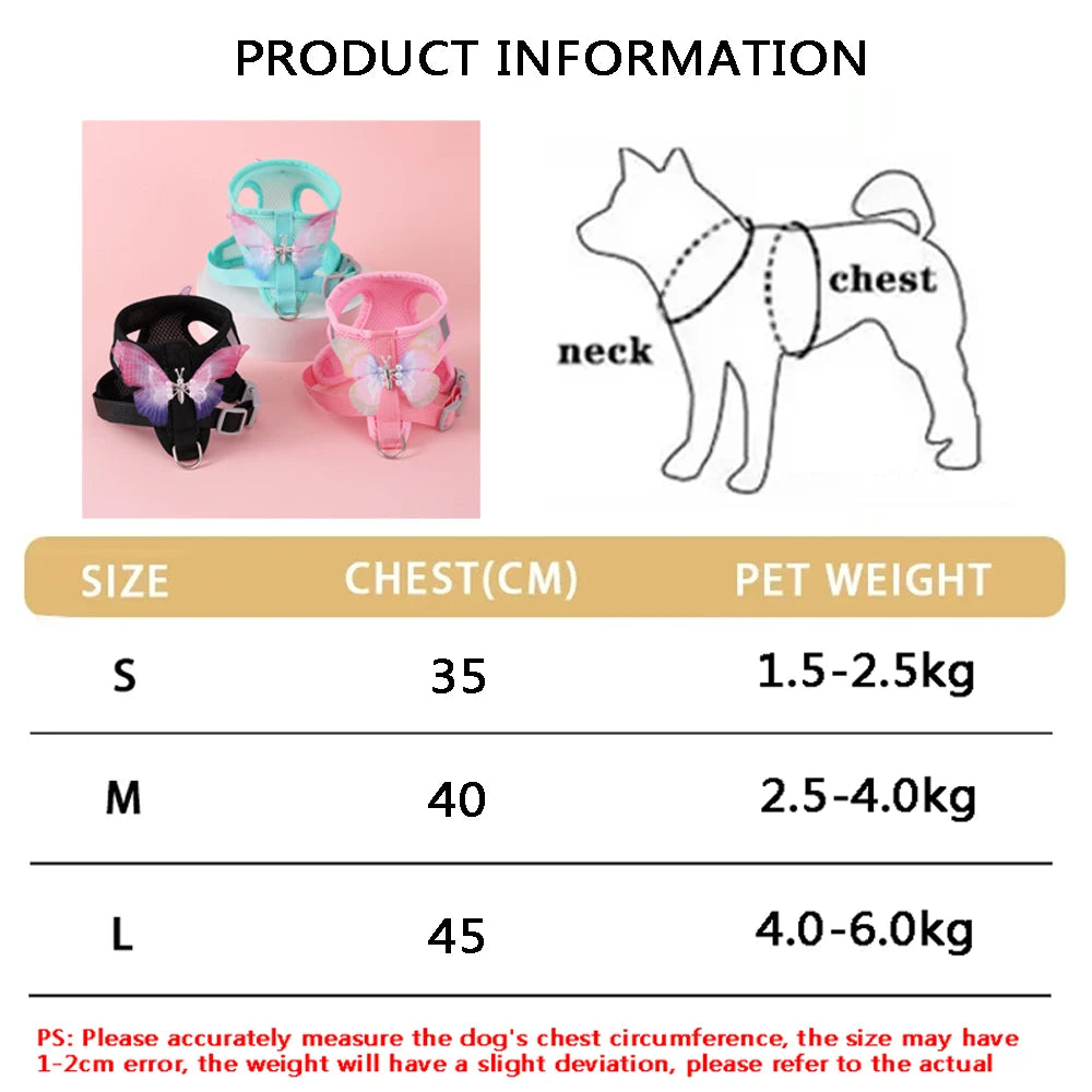 A product information chart showing sizes S, M, and L with corresponding chest measurements in centimeters and pet weights in