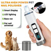 A hand holds an ultra high power pet nail polisher device with a smart display and LED light, next to a dog and a cat.