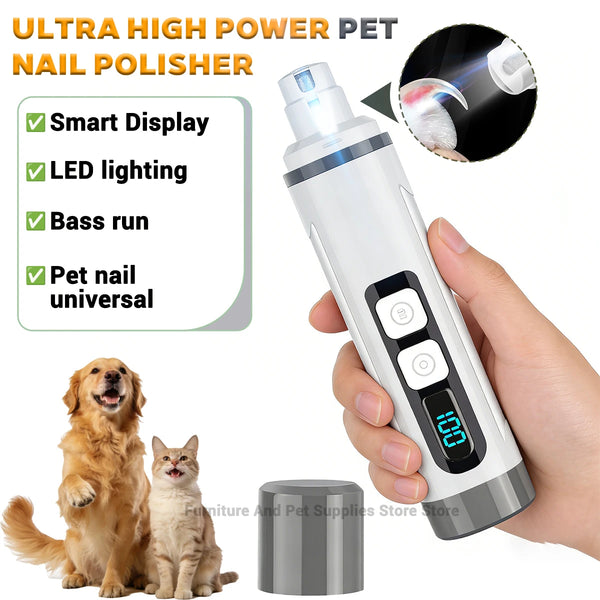 A hand holds an ultra high power pet nail polisher device with a smart display and LED light, next to a dog and a cat.