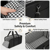 Black foldable dog car seat featuring soft elastic cushion, metal safety hook, portable straps, and stylish gingham lining.