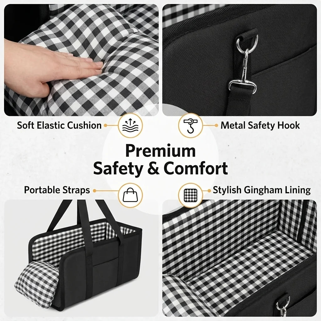 Black foldable dog car seat featuring soft elastic cushion, metal safety hook, portable straps, and stylish gingham lining.