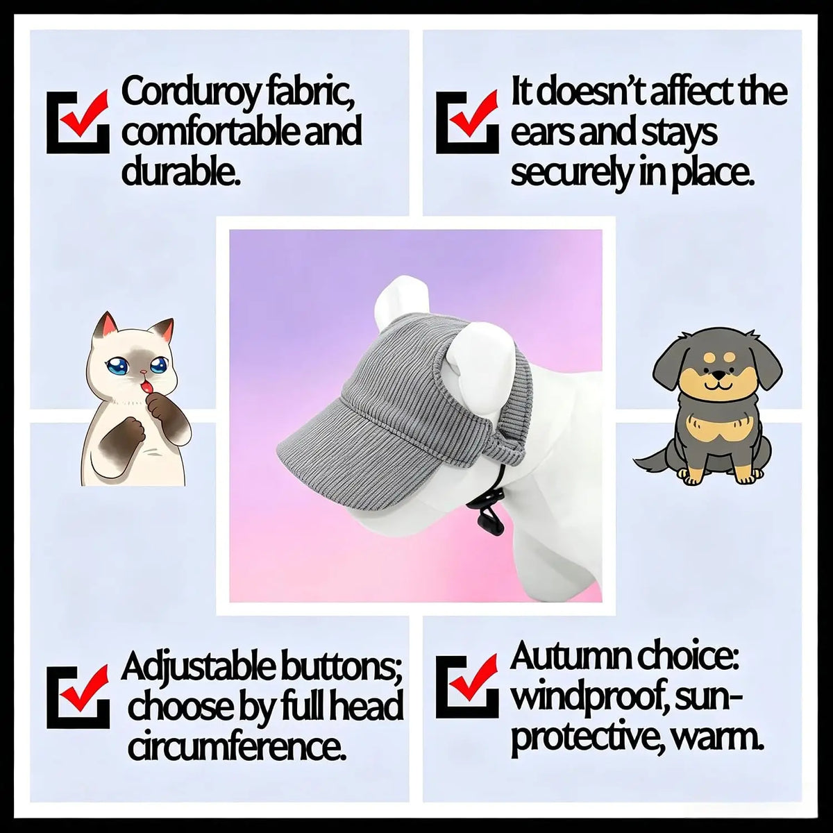 A durable baseball cap designed for large dogs, featuring adjustable buttons and windproof protection.