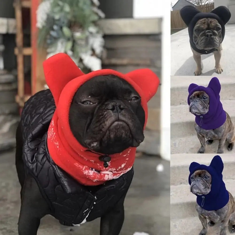 A black pug wearing a bright red fleece dog winter hat outdoors.