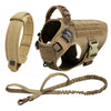 A tan heavy duty tactical dog harness with a padded vest and molli pouch system shown with separate straps.