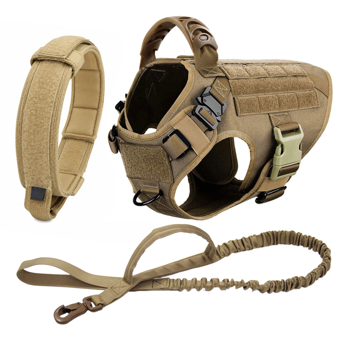 A tan heavy duty tactical dog harness with a padded vest and molli pouch system shown with separate straps.