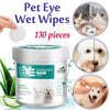 Eine Dose Pet Eye Wet Tücher mit 130 Stück neben einer Hand, die das Reinigen der Augen und Ohren von Haustieren zeigt.