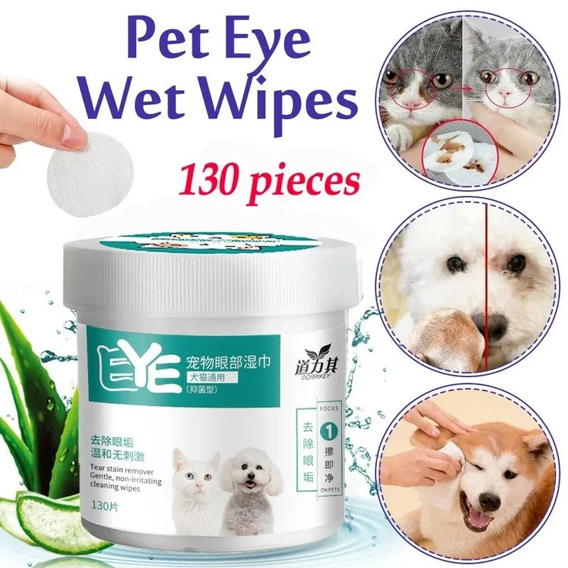 Eine Dose Pet Eye Wet Tücher mit 130 Stück neben einer Hand, die das Reinigen der Augen und Ohren von Haustieren zeigt.