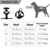 A size chart showing different sizes of a padded dog traction chest harness for neck and chest measurements with recommended 