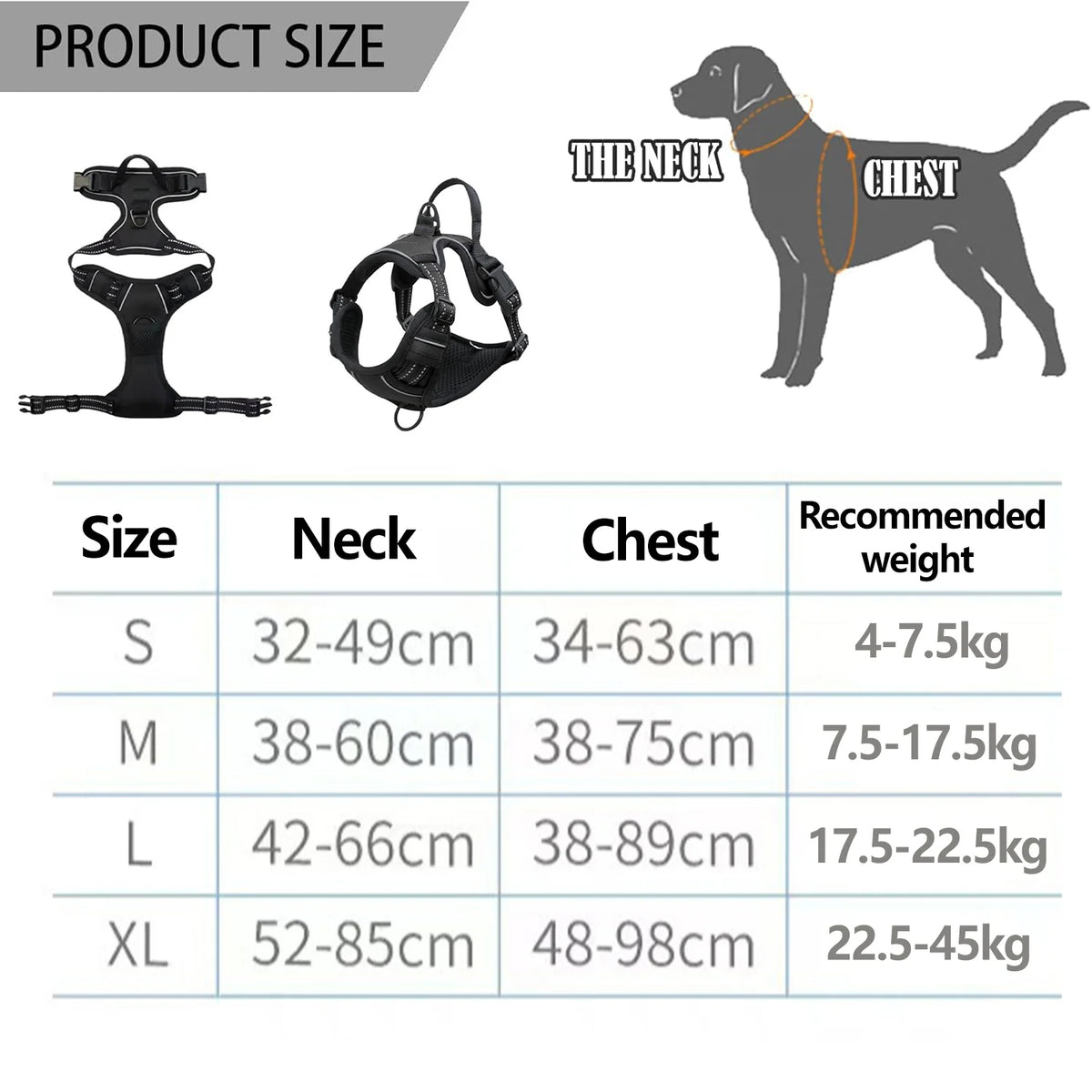 A size chart showing different sizes of a padded dog traction chest harness for neck and chest measurements with recommended 