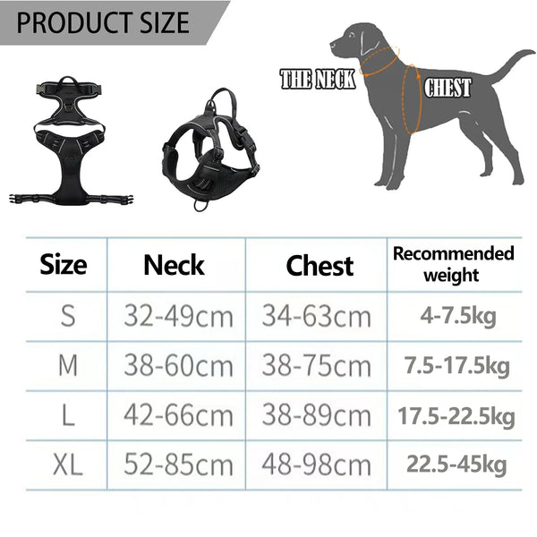 A size chart showing different sizes of a padded dog traction chest harness for neck and chest measurements with recommended 