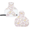 A light pink and white patterned waterproof pet raincoat for dogs, shown in two forms.