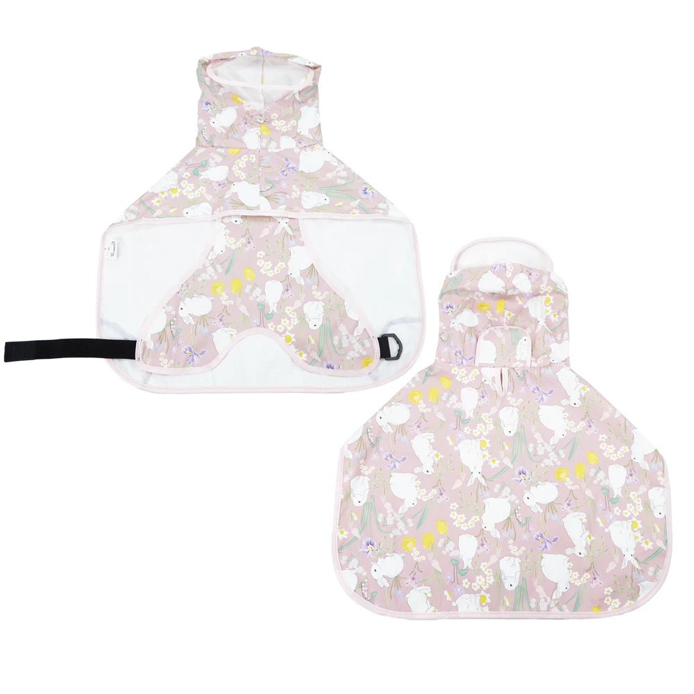 A light pink and white patterned waterproof pet raincoat for dogs, shown in two forms.