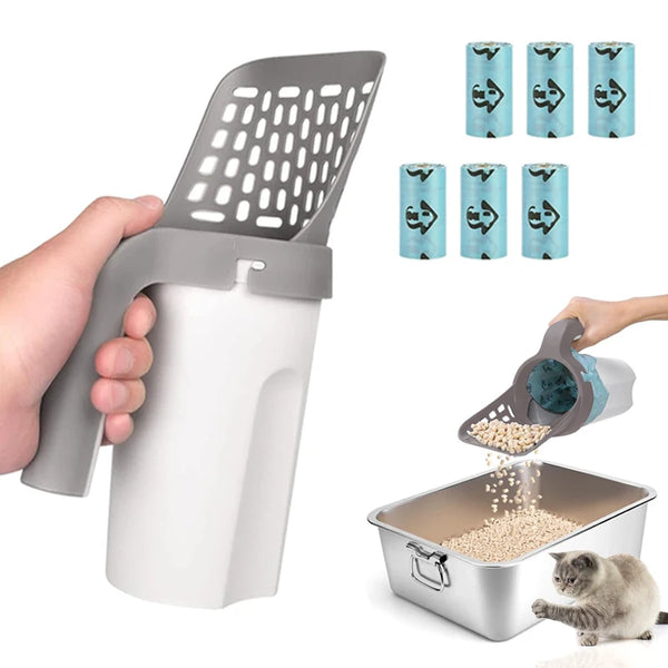 A hand is holding a white reusable pet litter scoop with a gray handle, next to several blue litter bags and a metal tray.