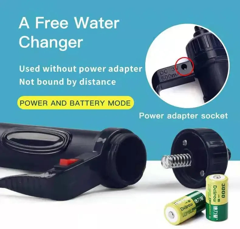 Pompe à eau et nettoyeur de gravier, avec adaptateur secteur et batterie.