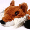 A realistic plush toy of a fox head with orange fur and white accents.