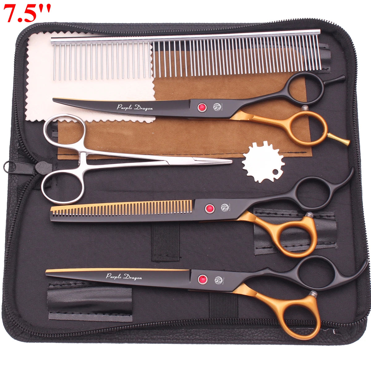 Schwarze Hülle mit Set professioneller Edelstahl-Pflegeschere und -kämme für Haustiere.