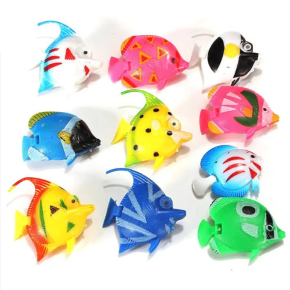 A set of ten colorful, lifelike floating artificial tropical fish in various shades of pink, yellow, blue, and green.