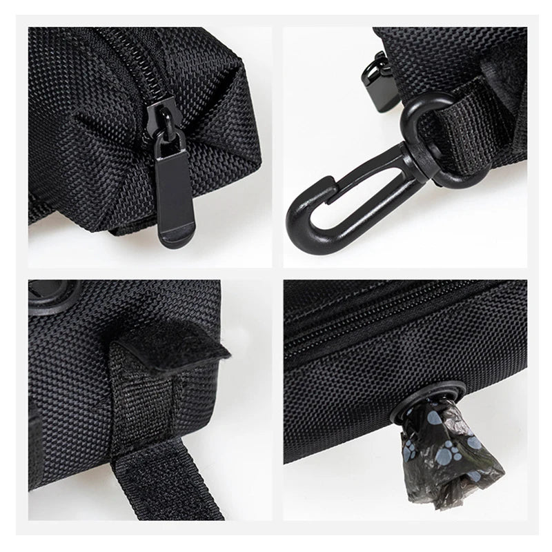 Dispenser para bolsas de excremento de mascota ajustable con enganche para correa y bolsa de tela.