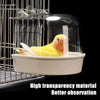 A clear plastic hanging bird bath with a wire cage structure for parakeets.